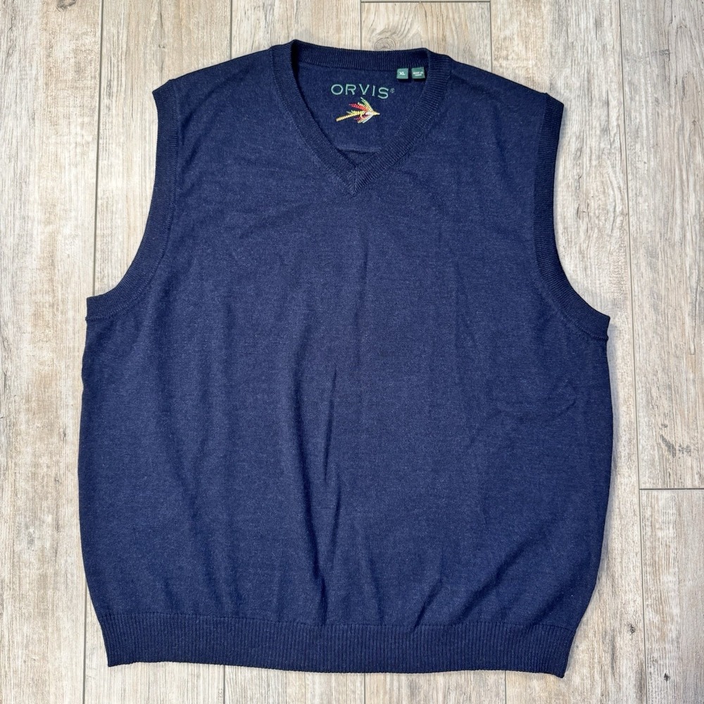 Orvis Men's XL V-Neck Sweater Vest 100% Merino Wool Navy Blue Fly Fishing Logo